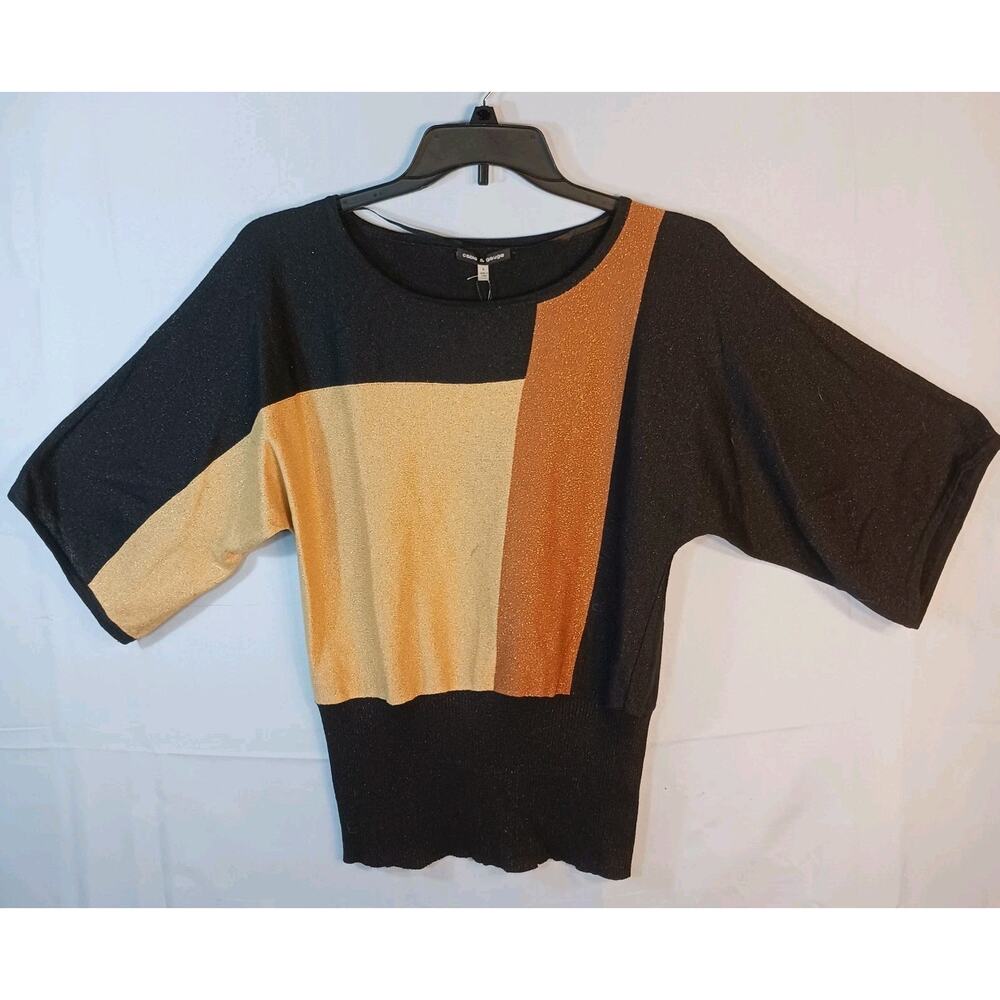 Cable & Gauge Sweater Womens Large Black Gold Bronze 3/4 Sleeve Fitted Waist NWT